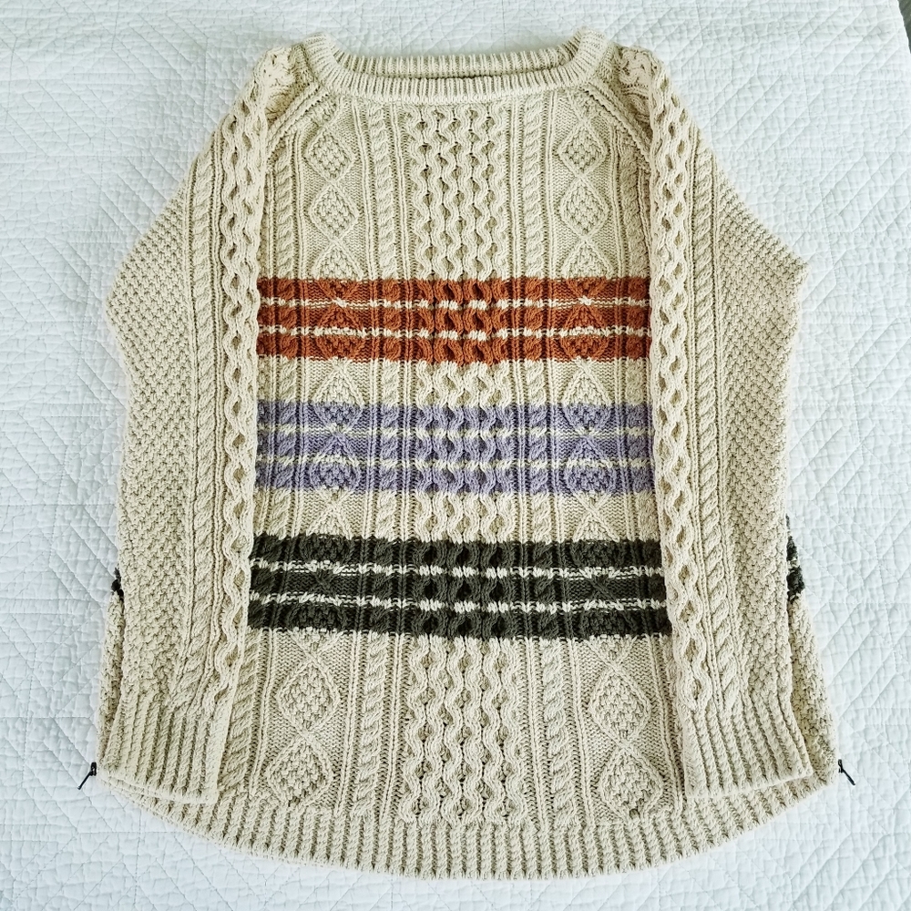 L.L. Bean Beige Stripe Chunky Cotton Cable Knit Fisherman Tunic Sweater Large - Picture 2 of 7